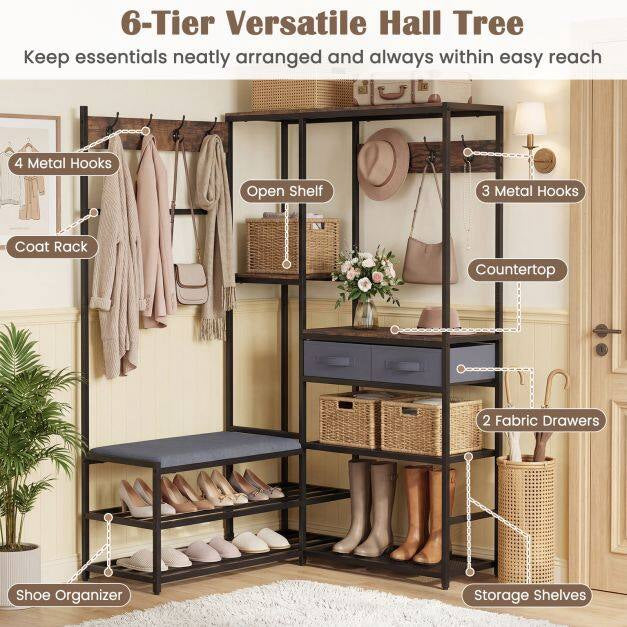 Corner Coat Rack with Bench, Shoe Storage, 5 Shelves, Black