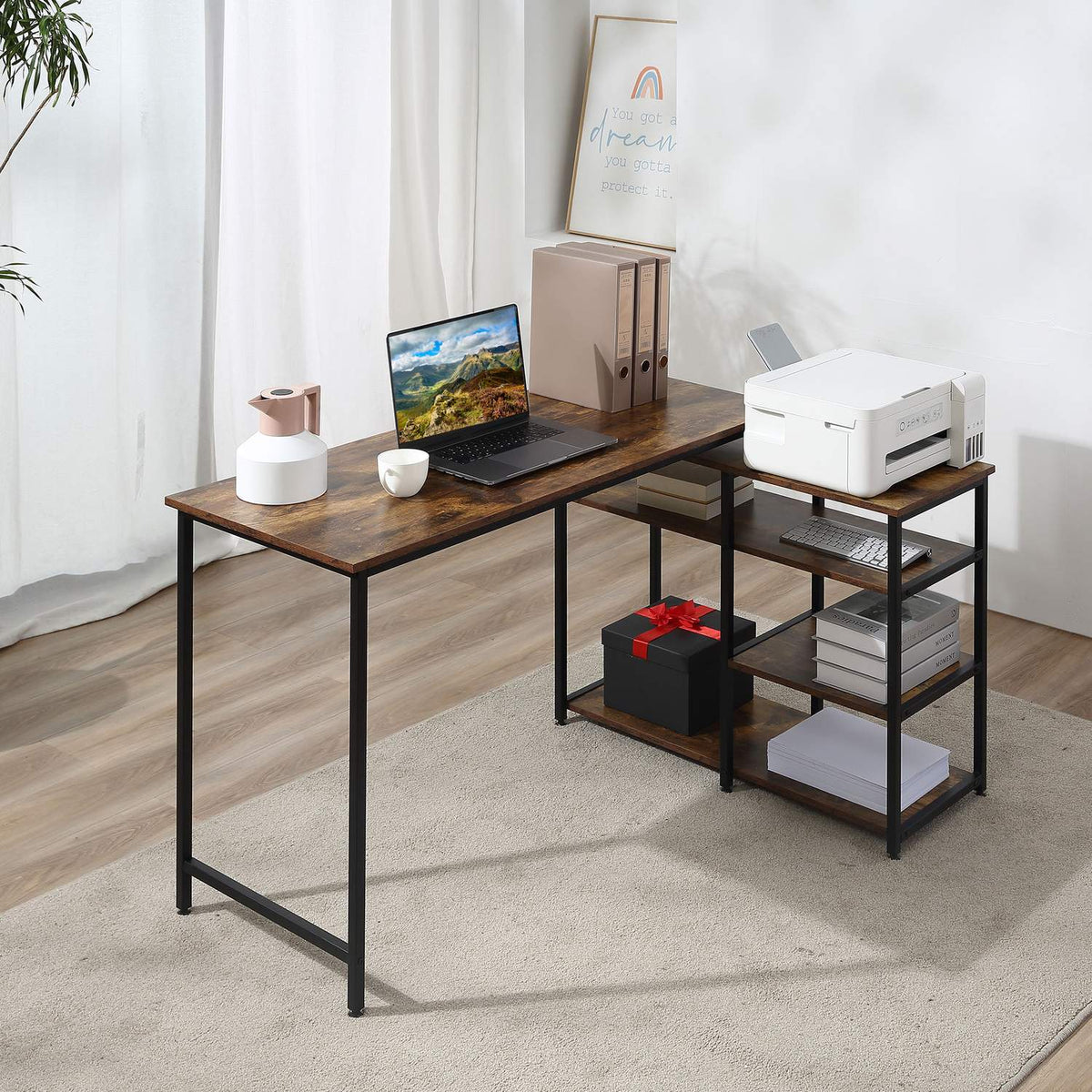 Corner Desk, L-Shape Pc Table With Shelf And Drawer, Office Table, Chipboard Metal, Rustic Brown, 135X90X79Cm