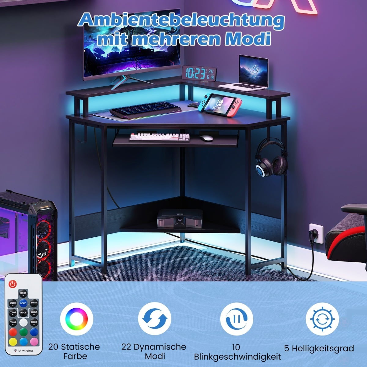 Corner Desk with Charging Station, LED, Keyboard Tray