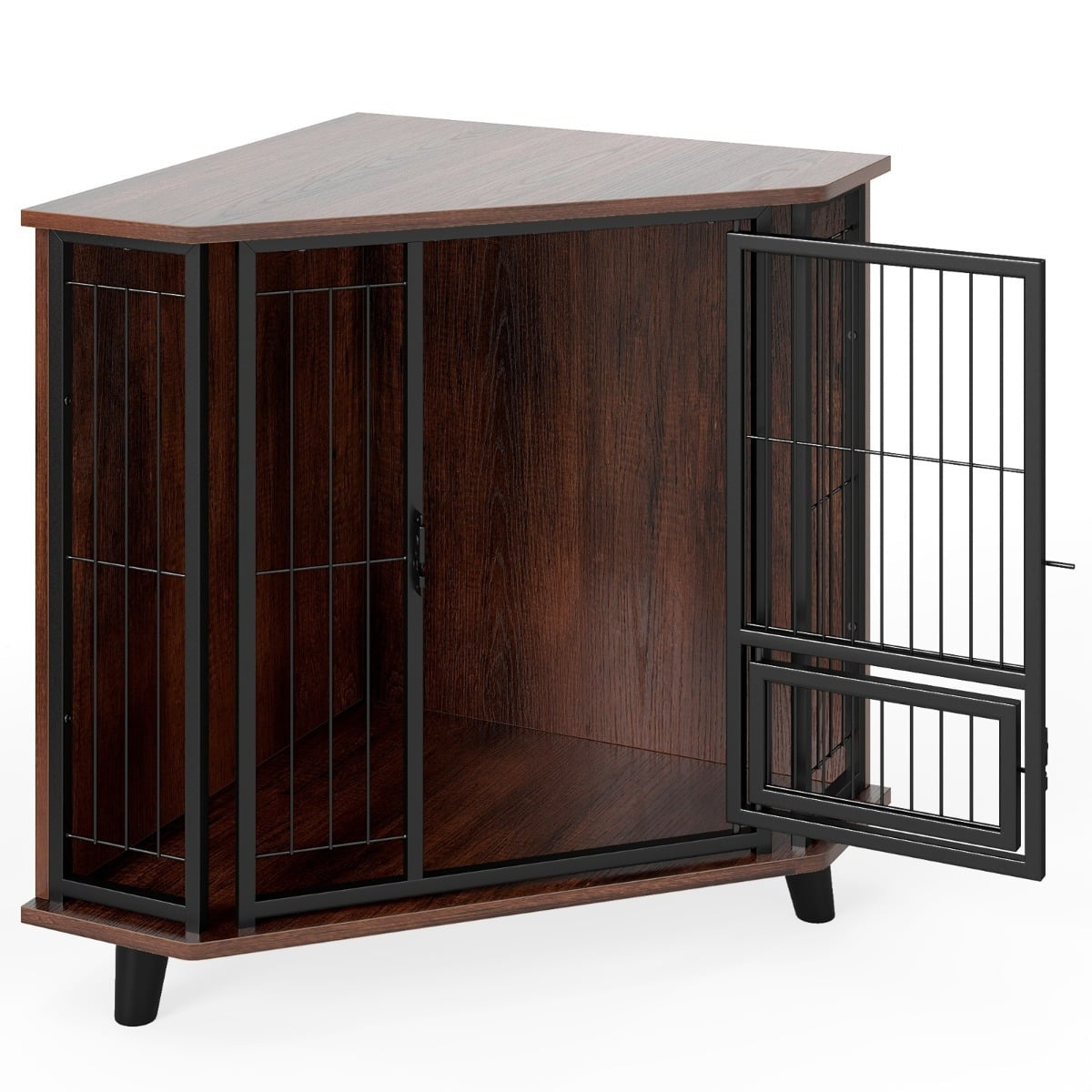 Corner Dog Crate with Feeding Door & Lockable Door, Space-Saving