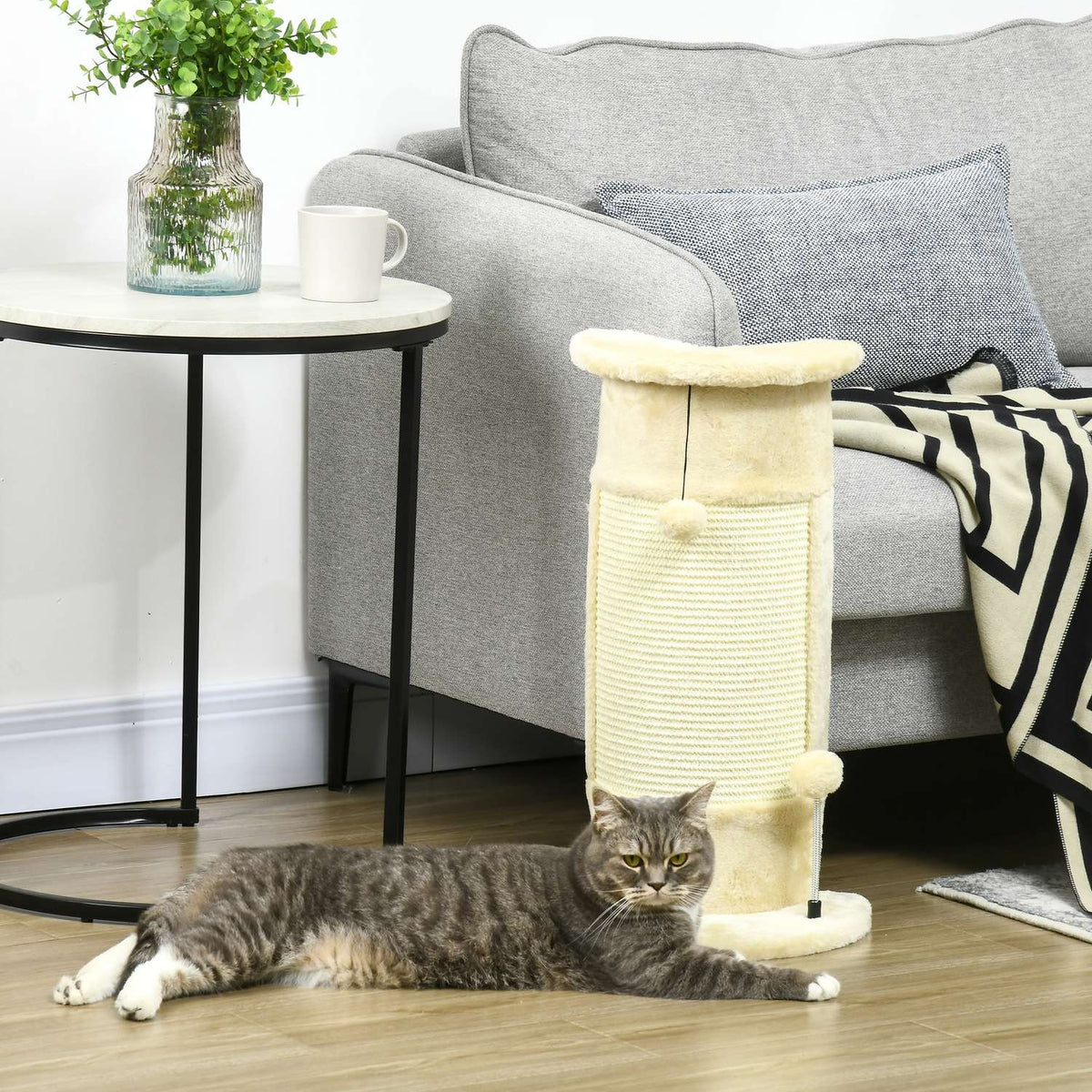 Corner Scratching Post 58 Cm Scratching Post For Cats With Scratching Ball, Made Of Sisal, Cream White