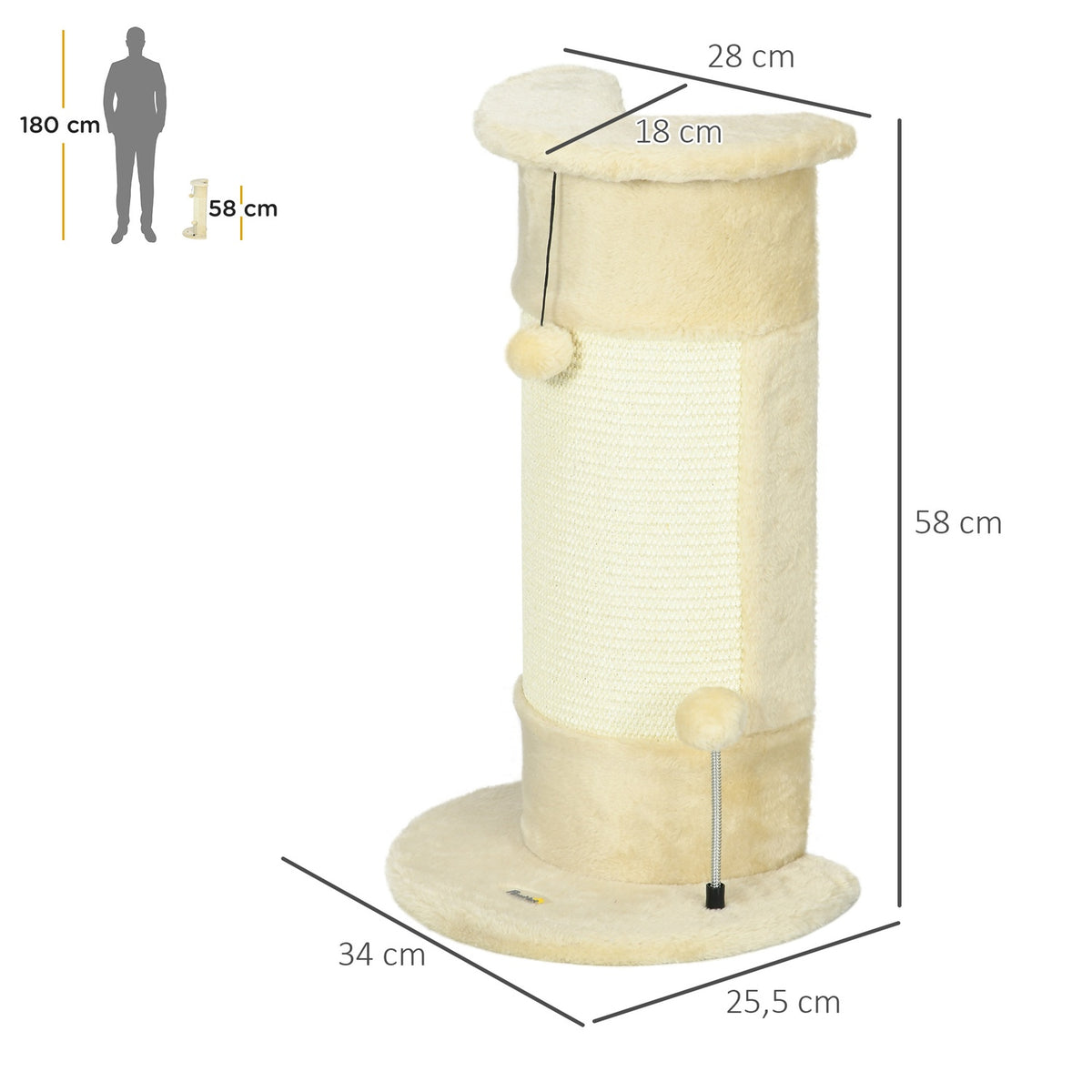 Corner Scratching Post 58 Cm Scratching Post For Cats With Scratching Ball, Made Of Sisal, Cream White