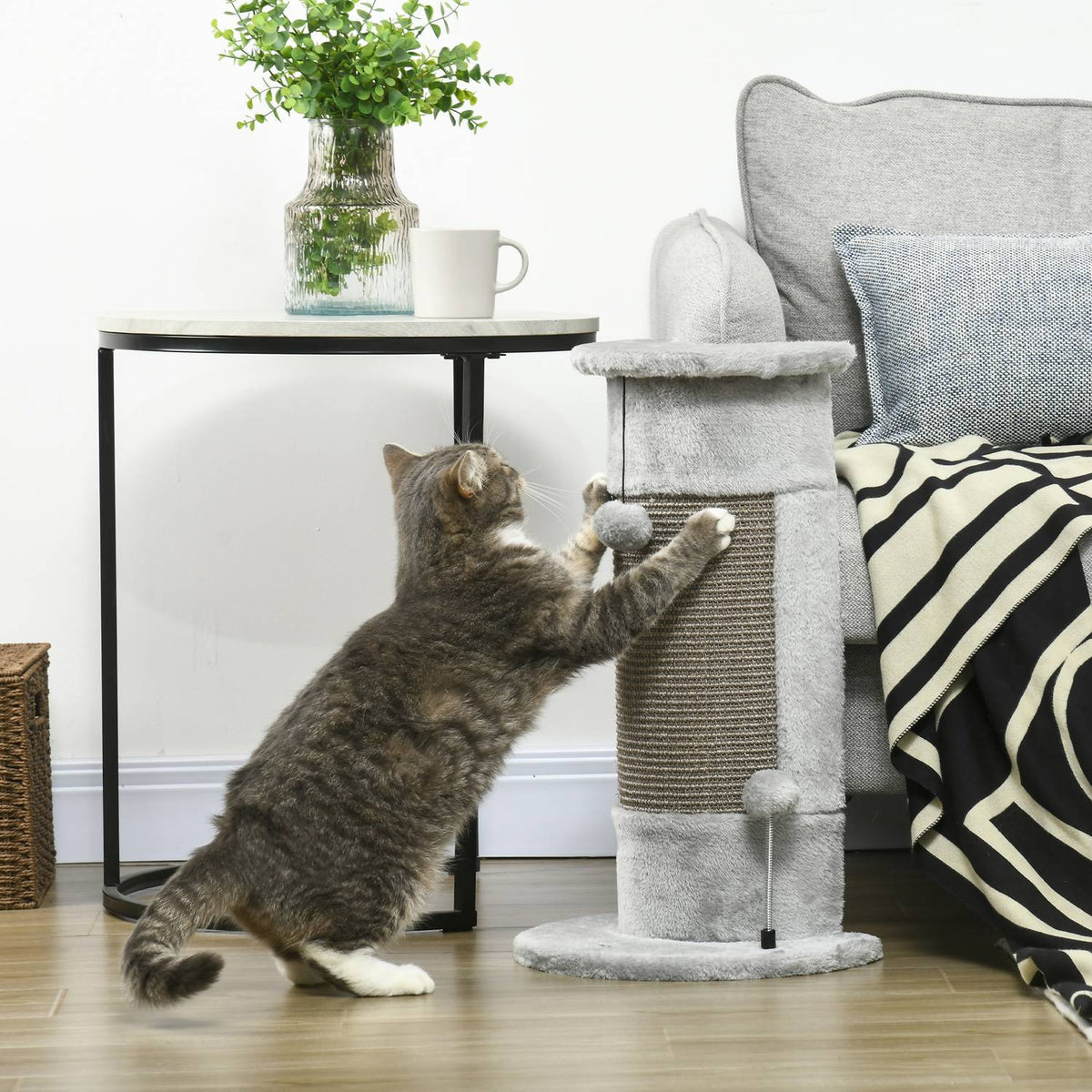 Corner Scratching Post, 58Cm Sisal Scratching Post, Scratching Post For Cats, Small Cat Scratching Post With Scratching Ball, Indoor Cat Furniture, Grey