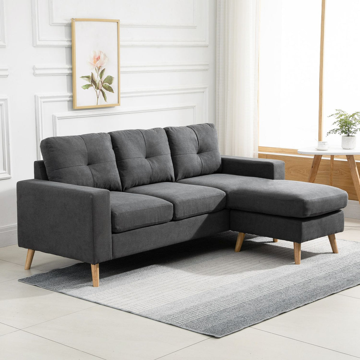 Corner Sofa In L-Shape Gray Corner Couch With Chaise Longue, Linen Look, For 3 People, 93X136X85Cm