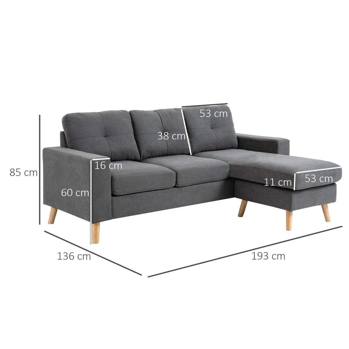 Corner Sofa In L-Shape Gray Corner Couch With Chaise Longue, Linen Look, For 3 People, 93X136X85Cm