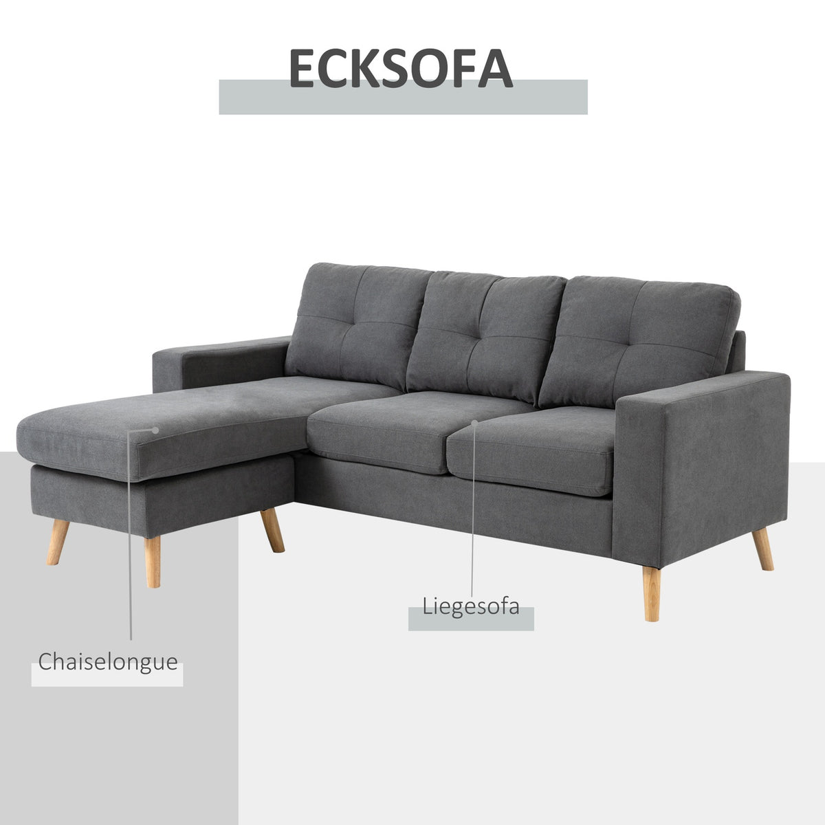 Corner Sofa In L-Shape Gray Corner Couch With Chaise Longue, Linen Look, For 3 People, 93X136X85Cm