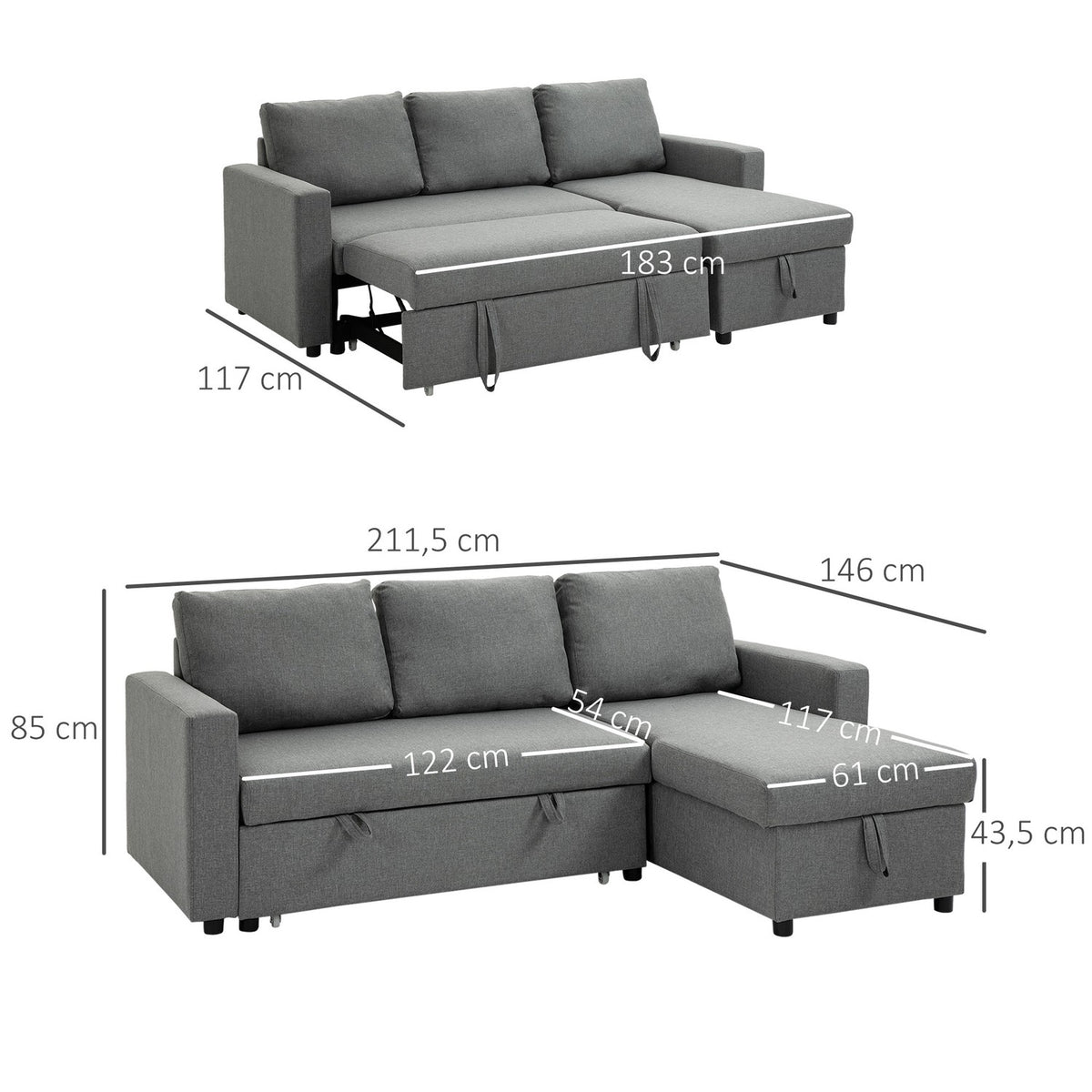 Corner Sofa With Sleeping Function, Storage Space, Corner Couch With Bed Box, Chaise Longue Sofa Bed, Fabric Sofa, L-Shape, Linen Touch, Light Gray 211.5 X 146 X 85 Cm