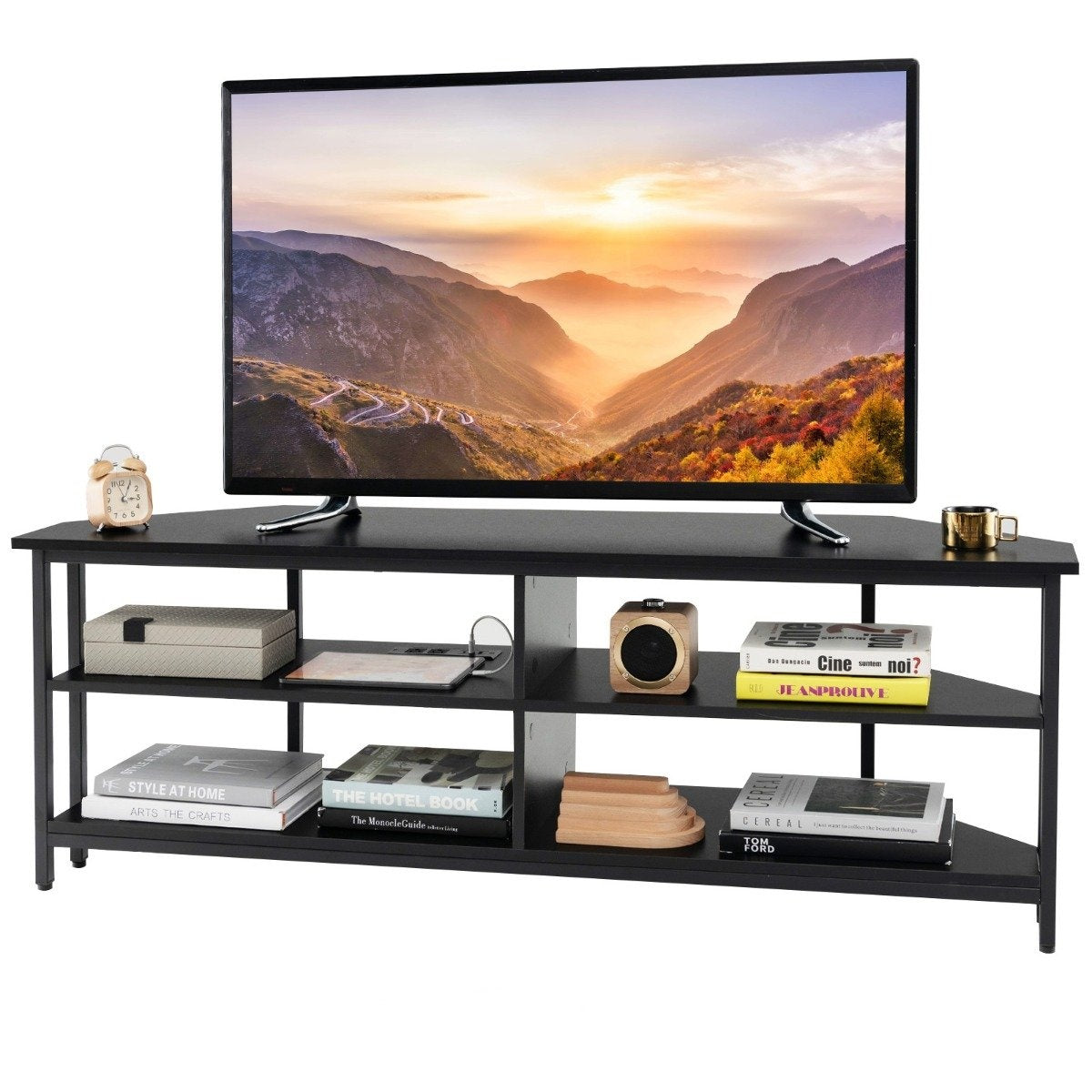 Corner TV Cabinet with Charging Station & Shelves TV lowboard for TVs up to 65 inch TV cabinet black