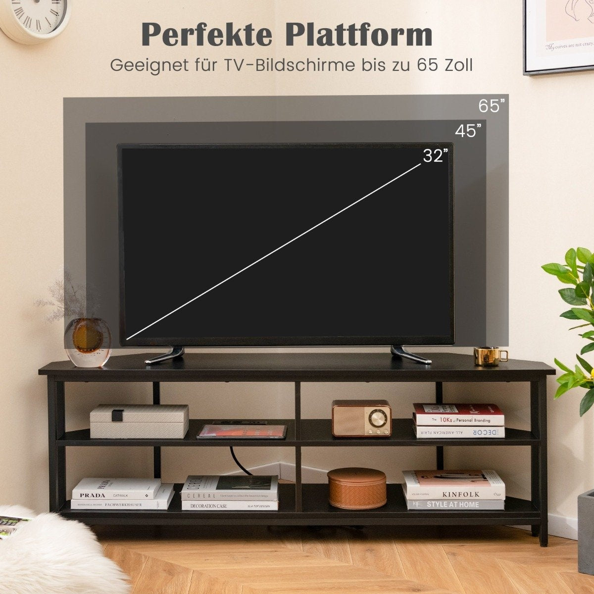 Corner TV Cabinet with Charging Station & Shelves TV lowboard for TVs up to 65 inch TV cabinet black