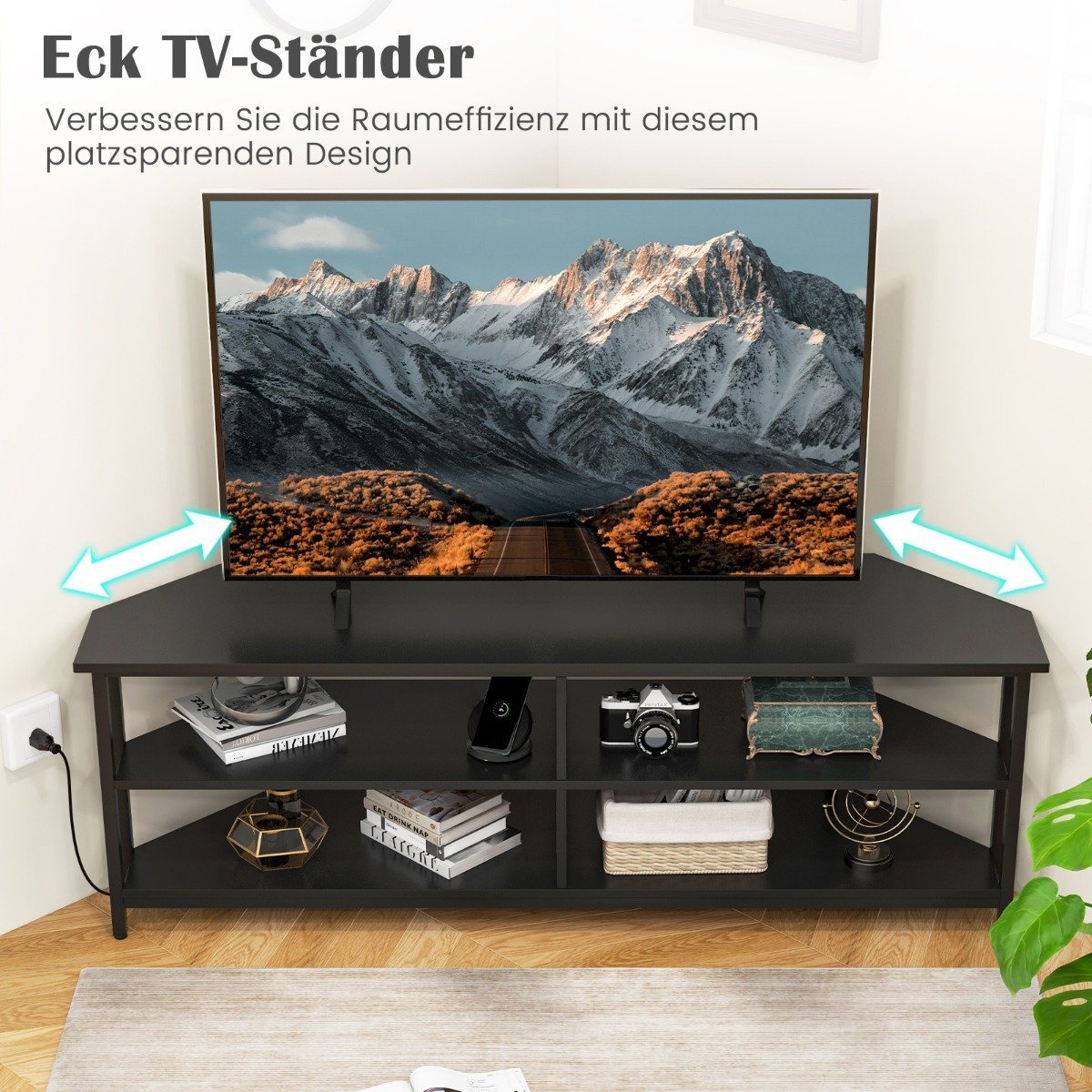 Corner TV Cabinet with Charging Station & Shelves TV lowboard for TVs up to 65 inch TV cabinet black