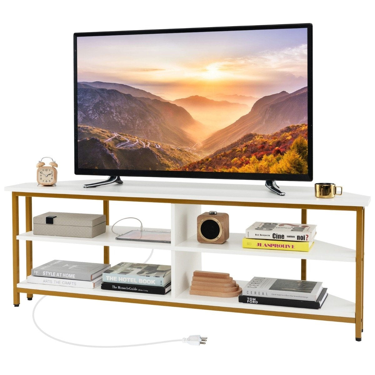 Corner TV Cabinet with Charging Station & Shelves TV lowboard for TVs up to 65 inch TV cabinet white
