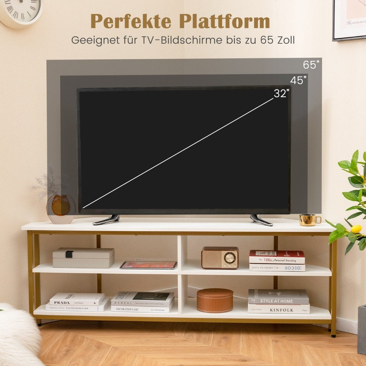 Corner TV Cabinet with Charging Station & Shelves TV lowboard for TVs up to 65 inch TV cabinet white