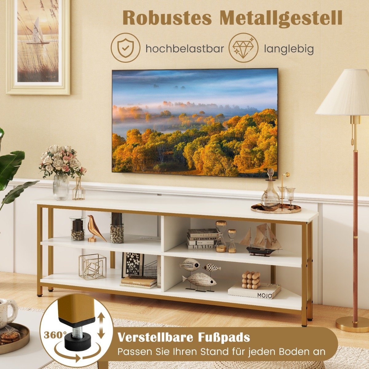 Corner TV Cabinet with Charging Station & Shelves TV lowboard for TVs up to 65 inch TV cabinet white