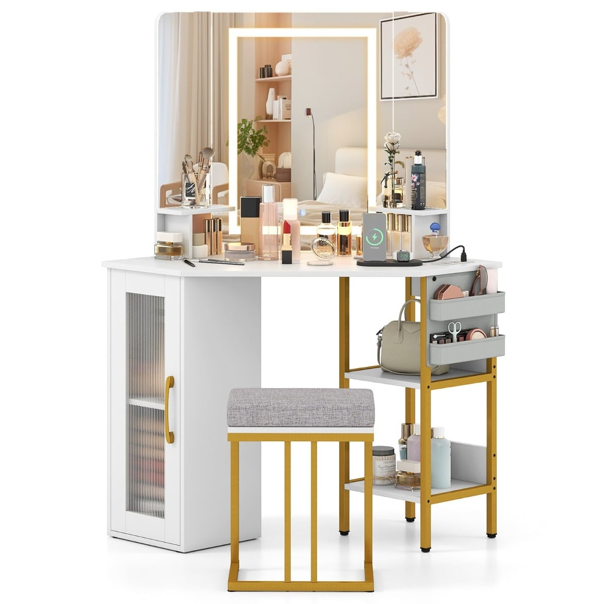 Corner Vanity Table with Stool, LED Mirror, Charging Ports
