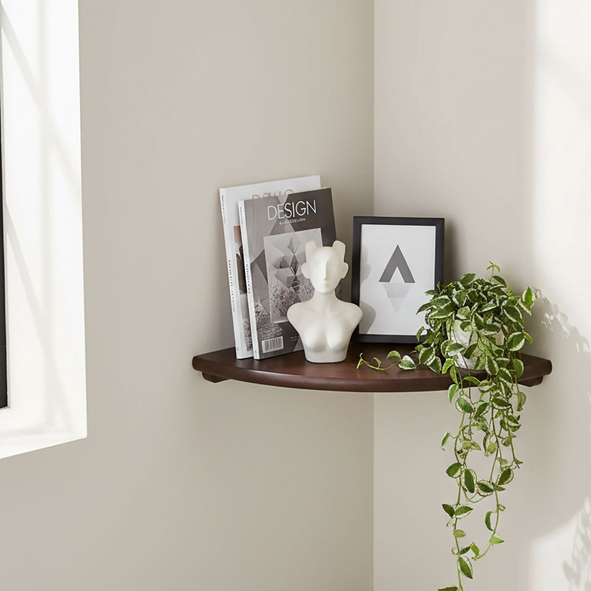 Corner Wall Shelf, Wall-Mounted Walnut Semi-Circle