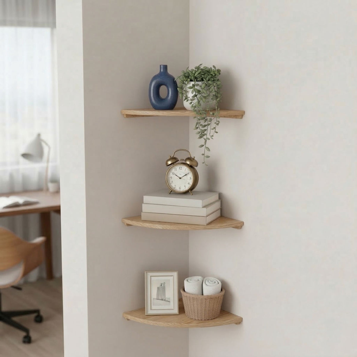 Corner Wall Shelf, Walnut, Wall-Mounted Semi-Circle