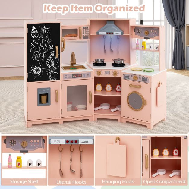 Corner Wooden Play Kitchen Set – Lights, Sounds, Pink