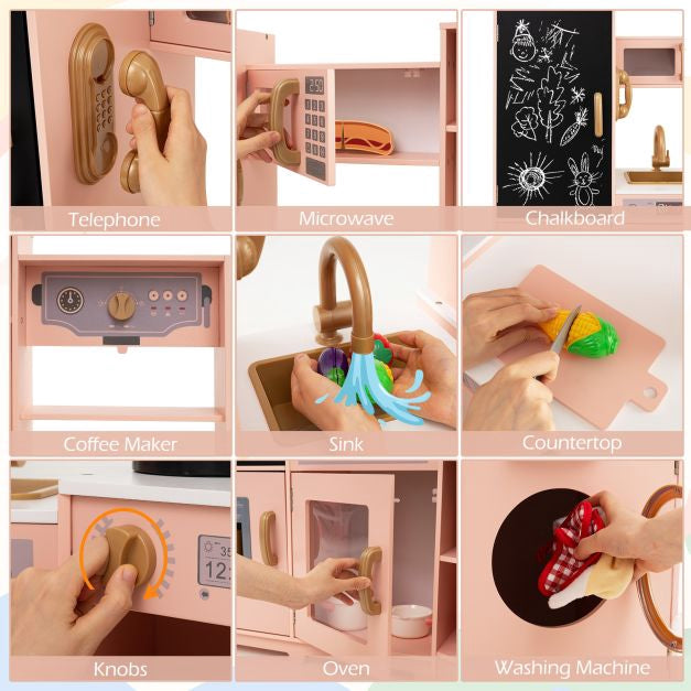 Corner Wooden Play Kitchen Set – Lights, Sounds, Pink