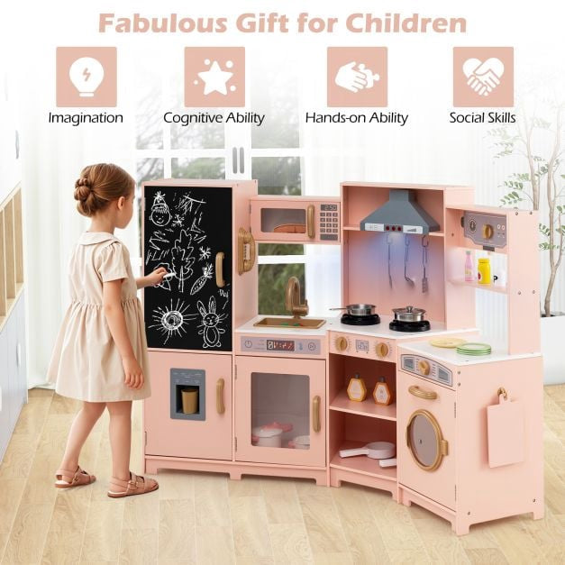 Corner Wooden Play Kitchen Set – Lights, Sounds, Pink