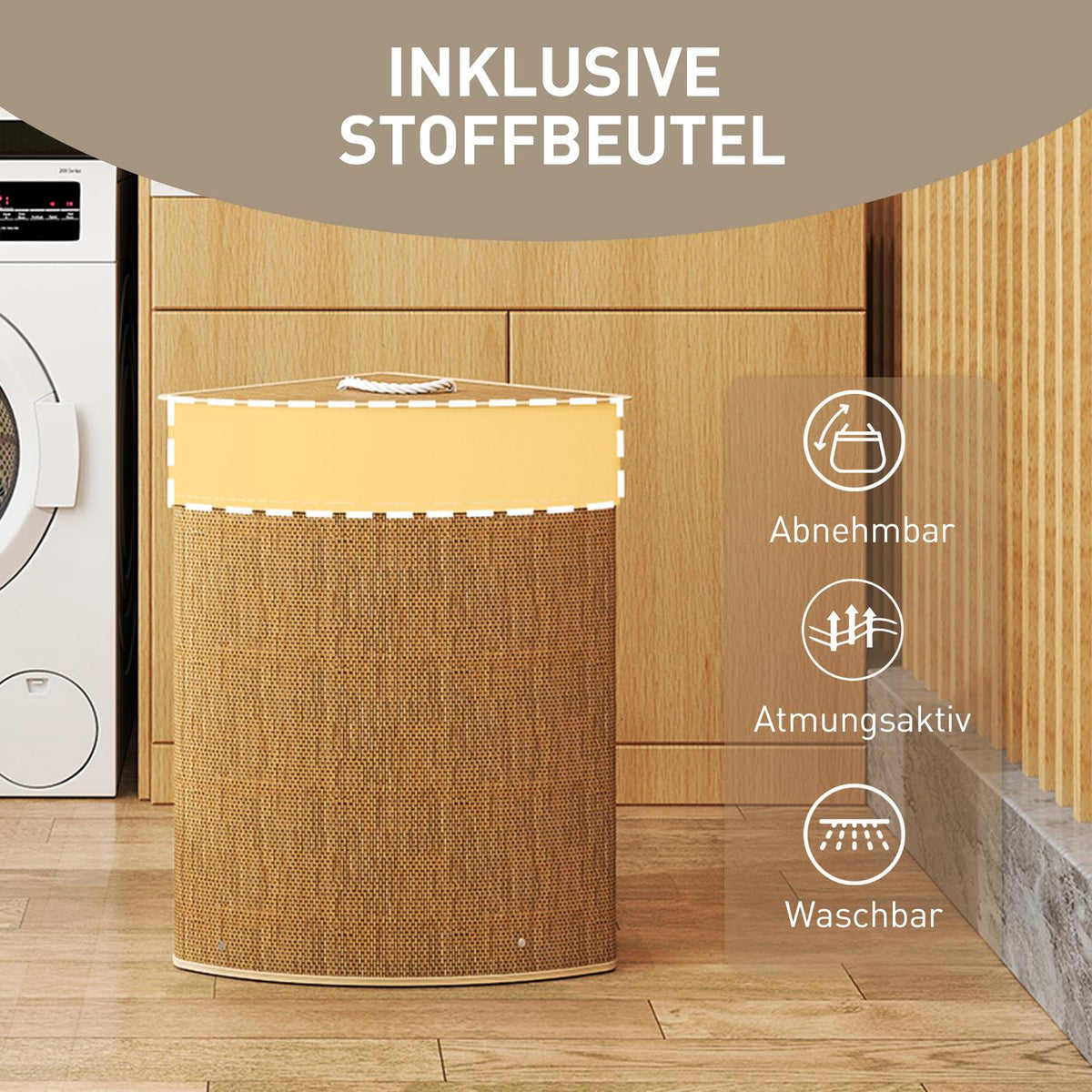 Corner laundry basket, bamboo weave, 55 liters, fabric bag, metal frame, brown