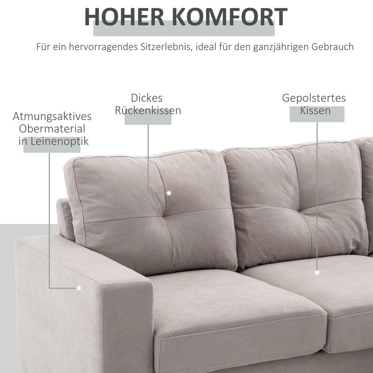 Corner sofa L-shaped corner sofa, corner set, couch set with chaise longue for 3 people, fabric sofa for living room, light gray