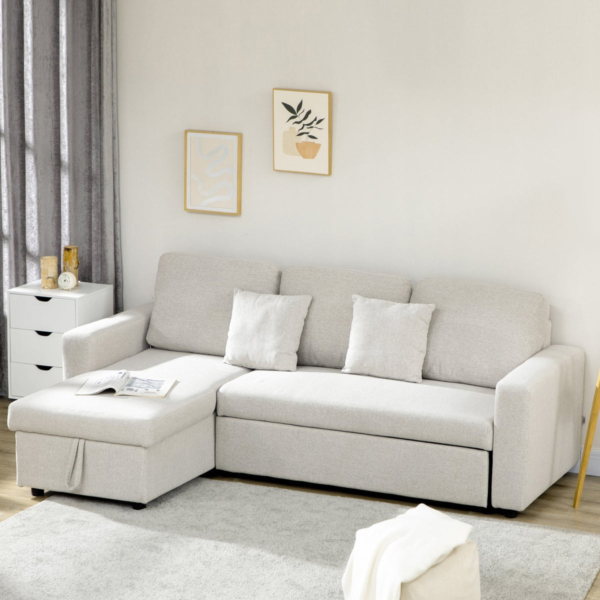 Corner sofa with bed function, corner couch including 2-seater sofa, single bed, L-shape with storage space, 2 cushions cream white