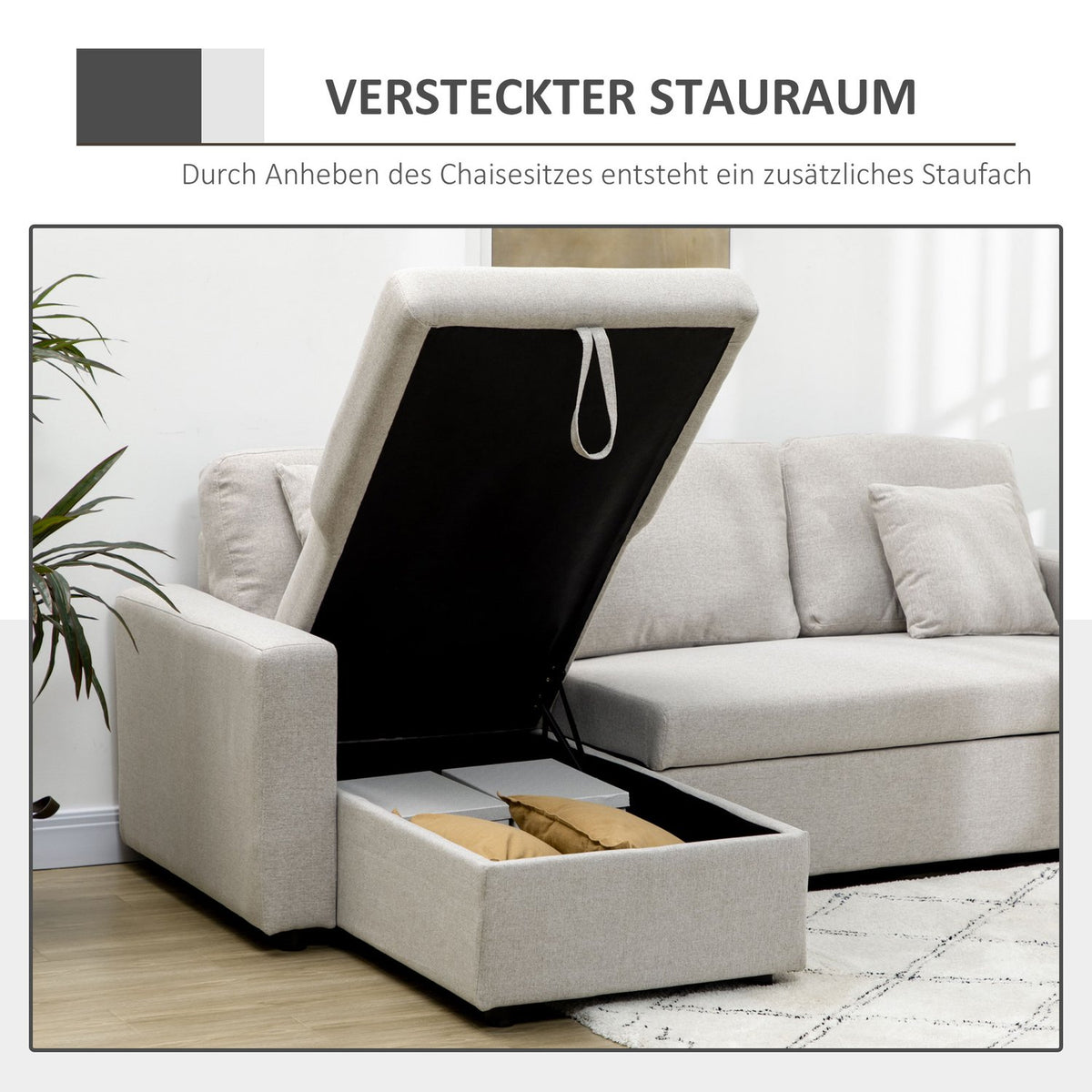 Corner sofa with bed function, corner couch including 2-seater sofa, single bed, L-shape with storage space, 2 cushions cream white