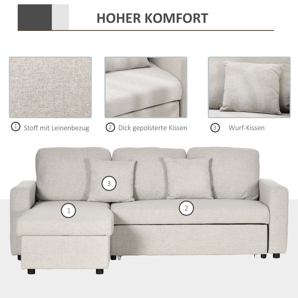 Corner sofa with bed function, corner couch including 2-seater sofa, single bed, L-shape with storage space, 2 cushions cream white