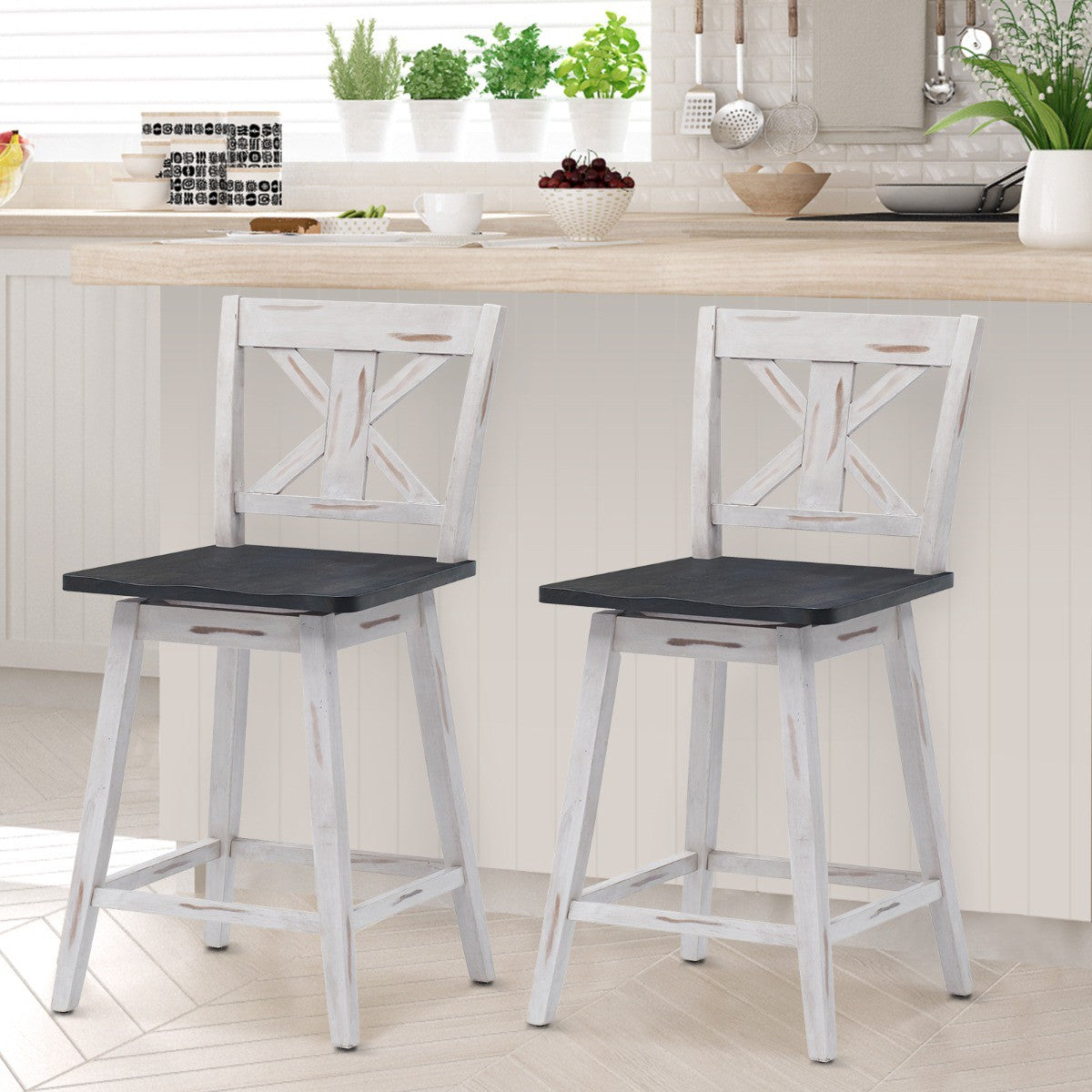 Counter Height Bar Stools Set of 2, 24-Inch Swivel, Wood Legs