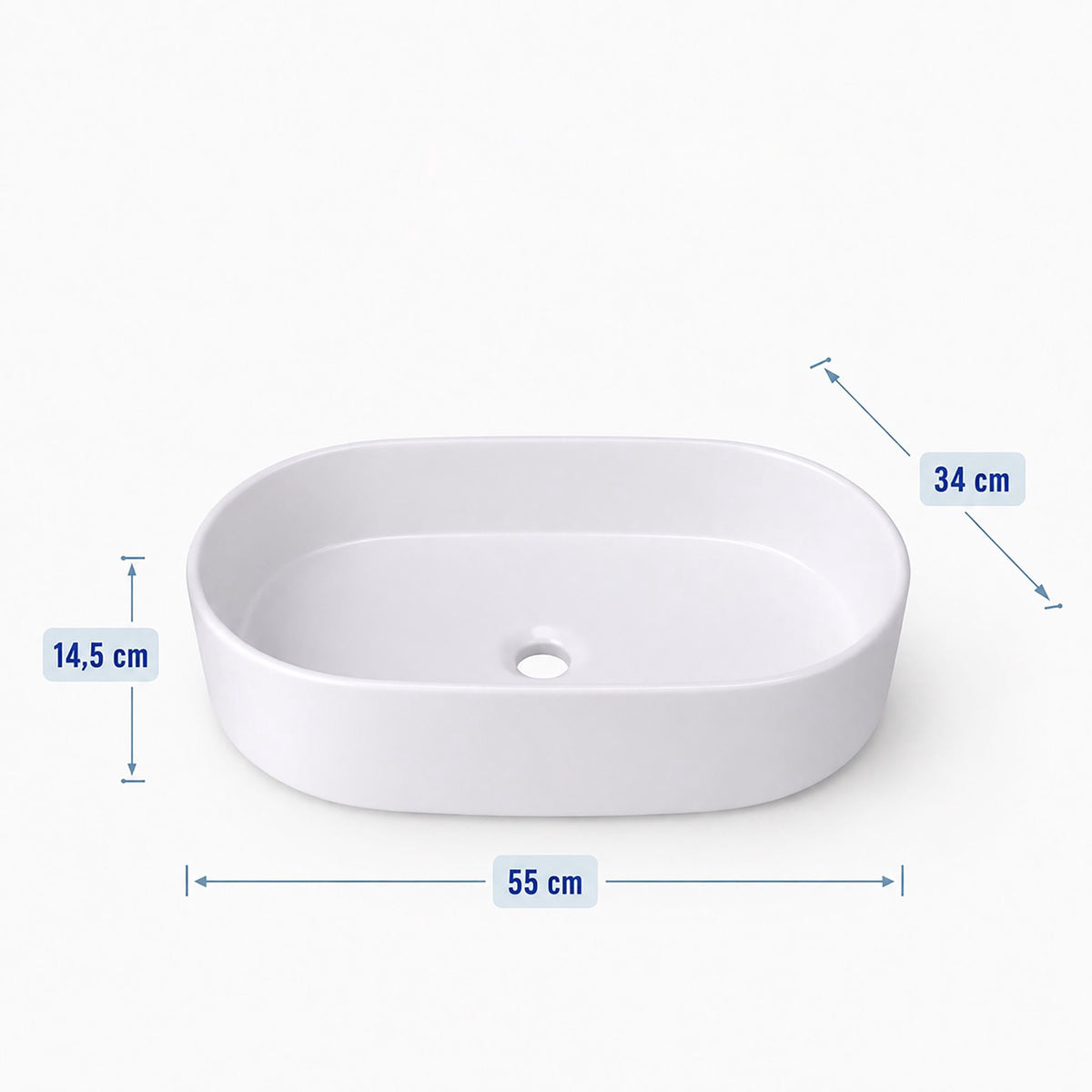 Countertop Ceramic Washbasin, White, 55 x 34 x 14.5 cm