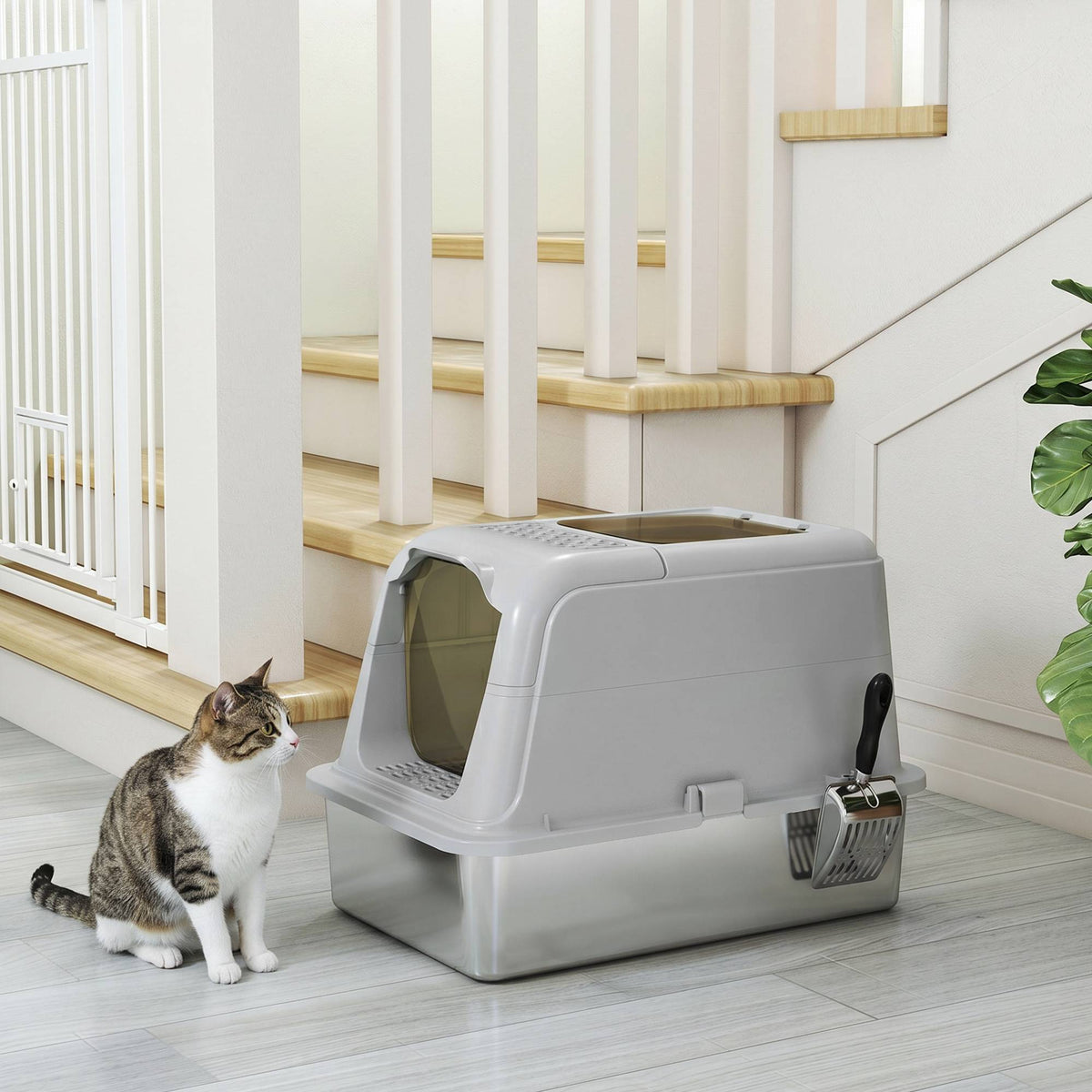 Covered Cat Litter Box, Stainless Tray, Front Entry, Top Exit