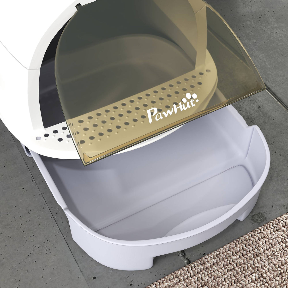 Covered Cat Litter Box with Drawer and Scoop, Grey/White