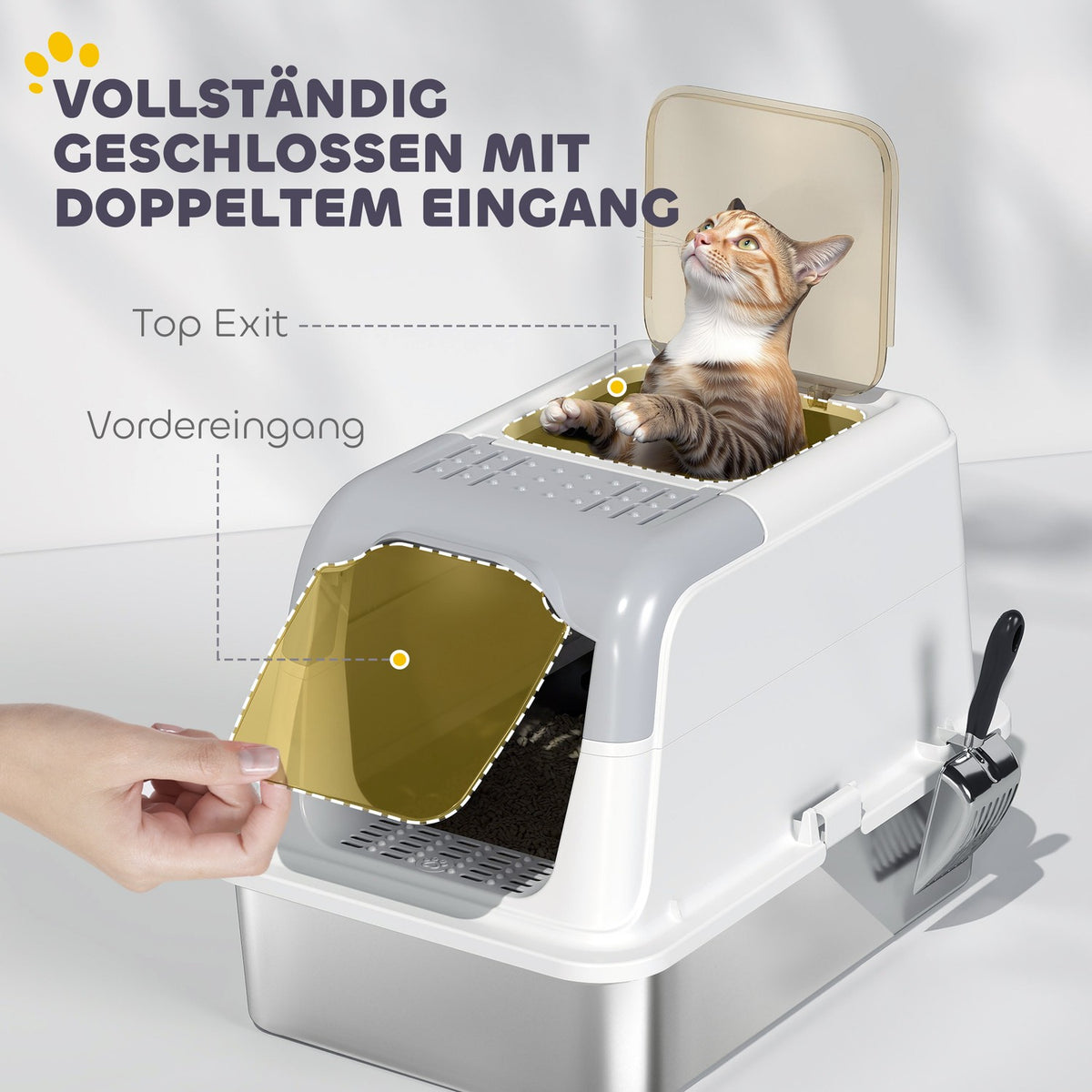 Covered Cat Litter Box with Stainless Tray & Scoop