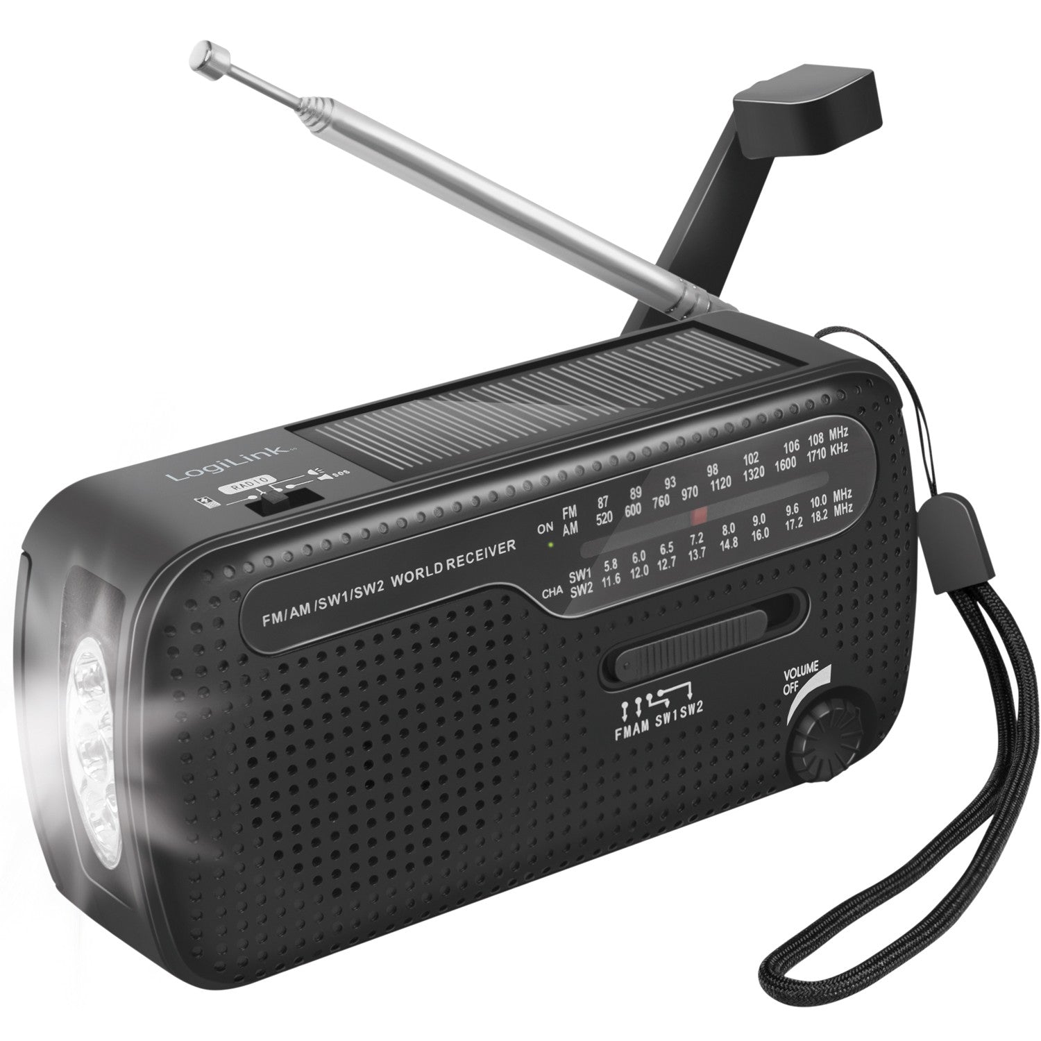 Crank radio with flashlight and solar cell Black