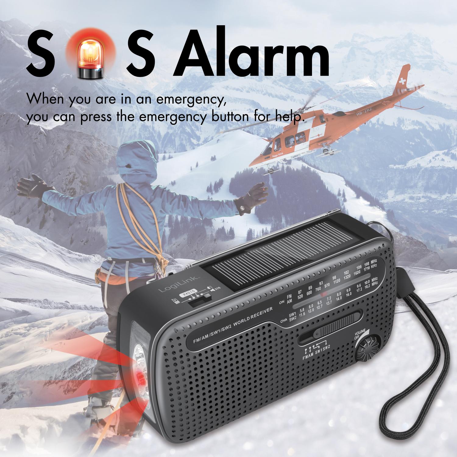 Crank radio with flashlight and solar cell Black