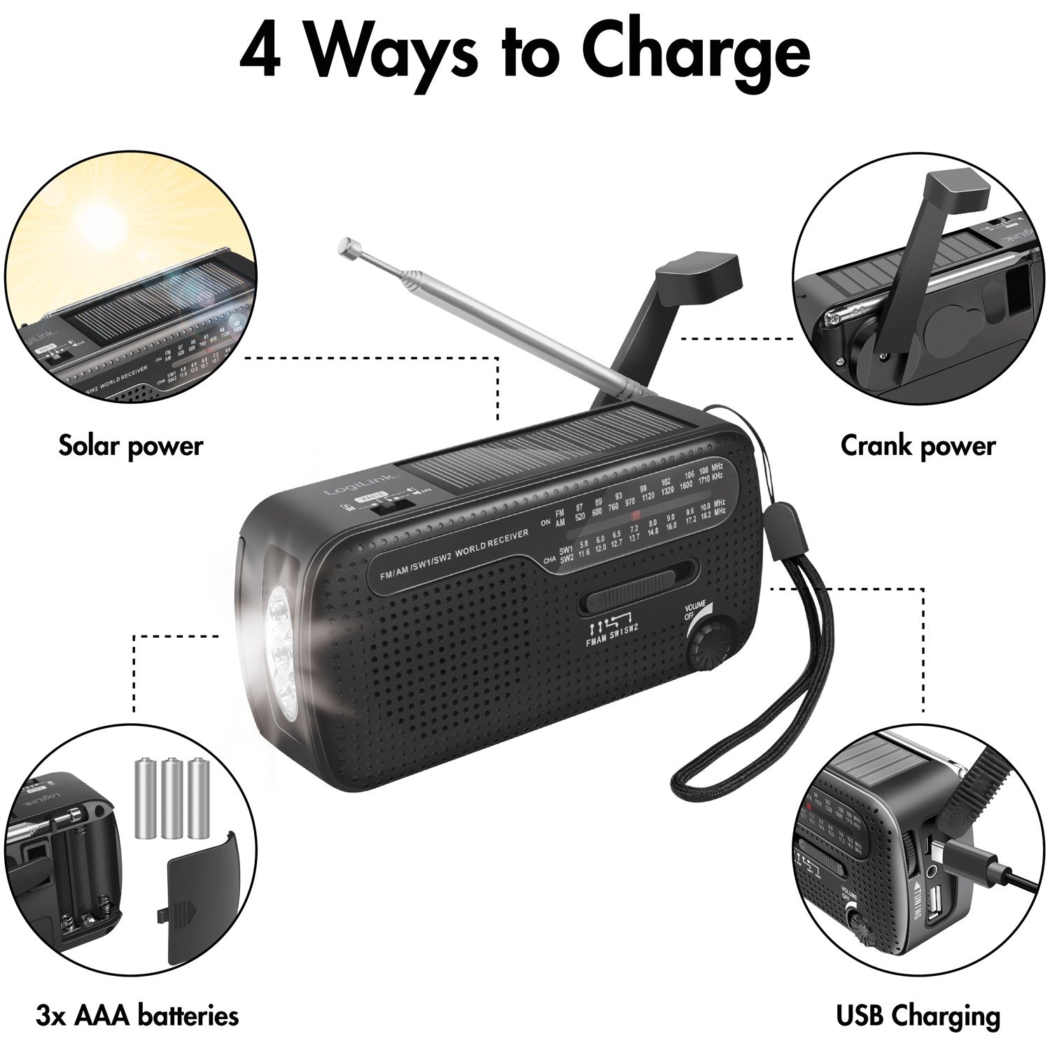 Crank radio with flashlight and solar cell Black