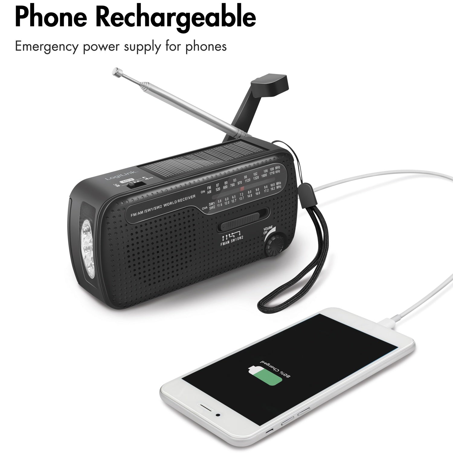 Crank radio with flashlight and solar cell Black