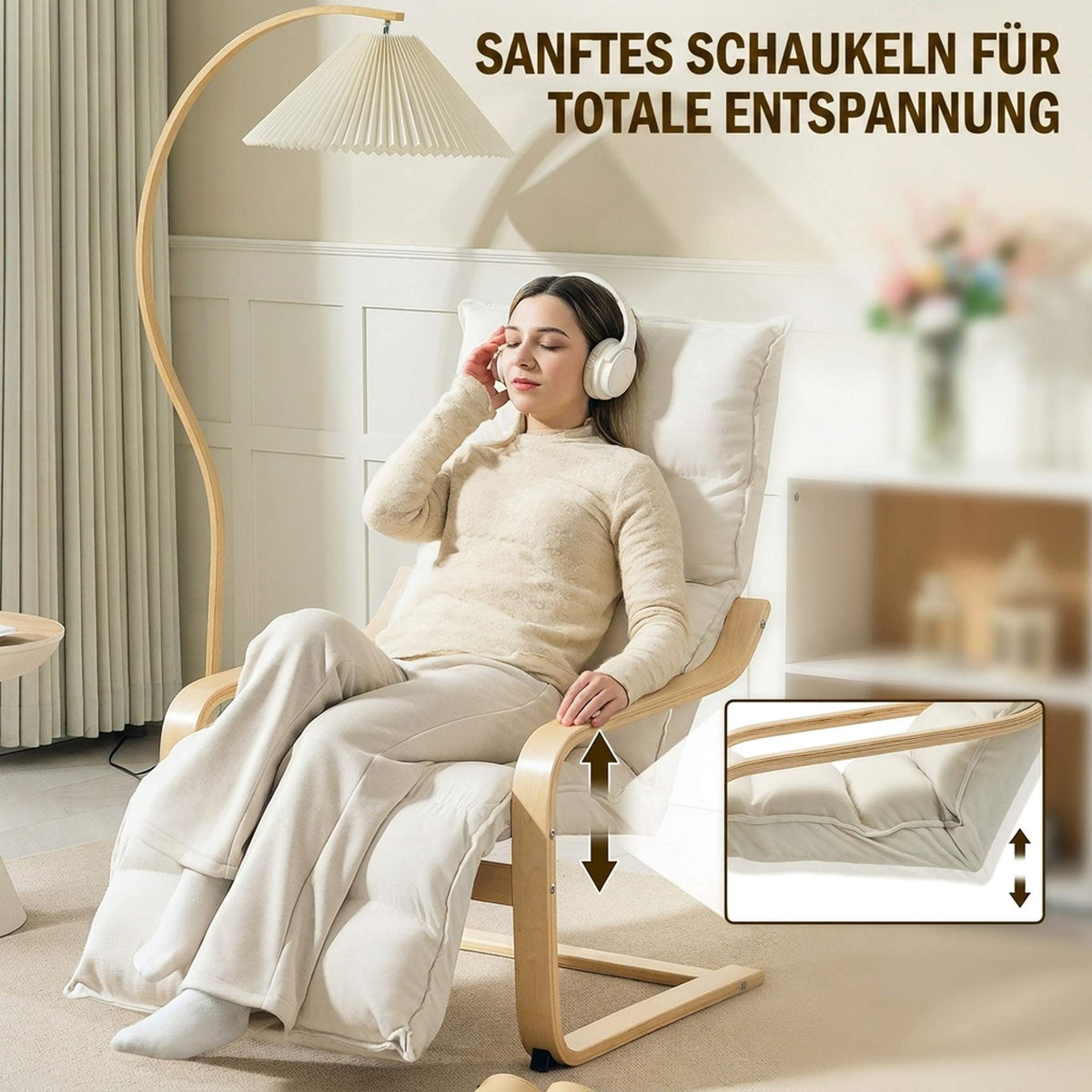 Cream Lounge Chair with Adjustable Footrest, Birch Frame