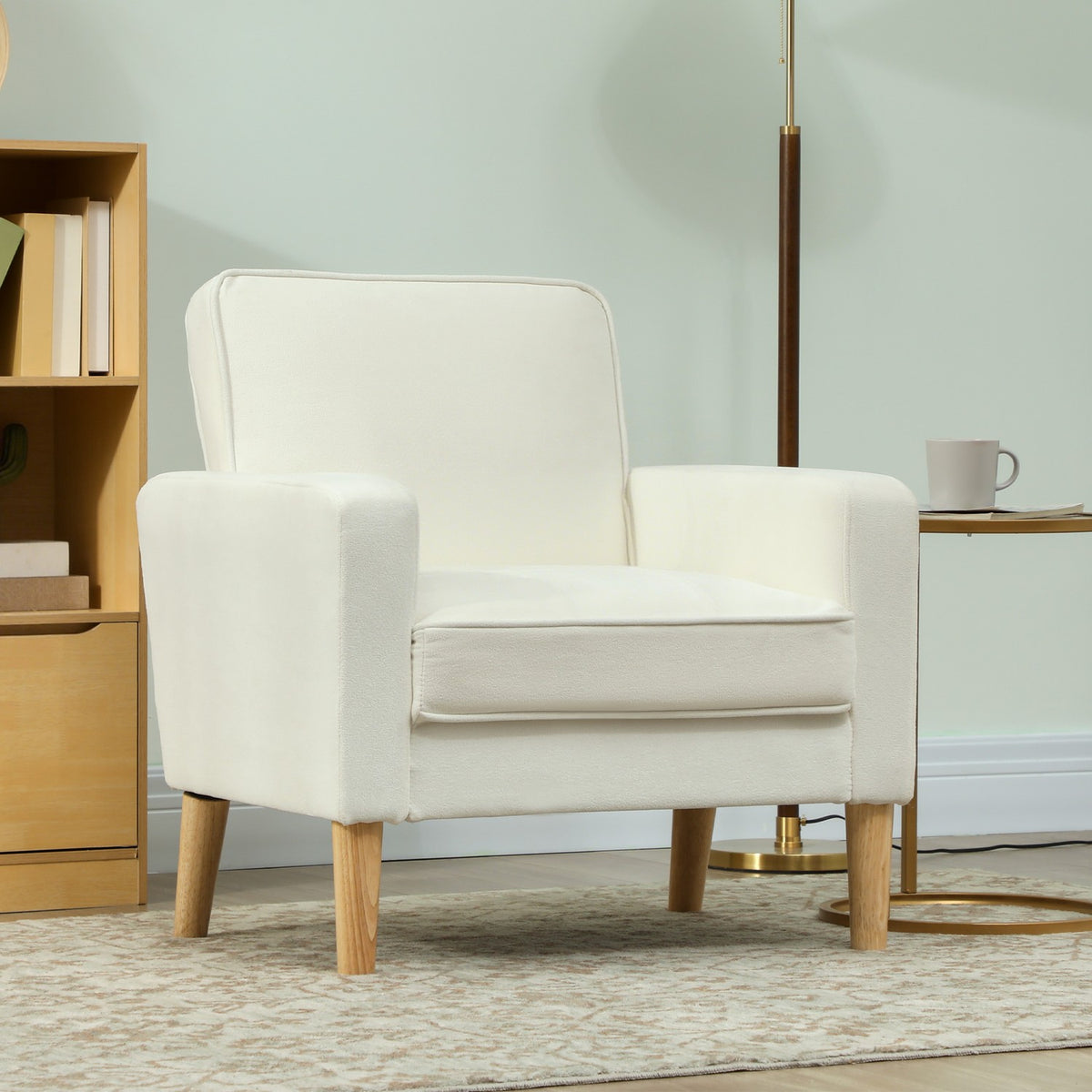 Cream White Armchair with Reclining Backrest, Rubberwood Legs