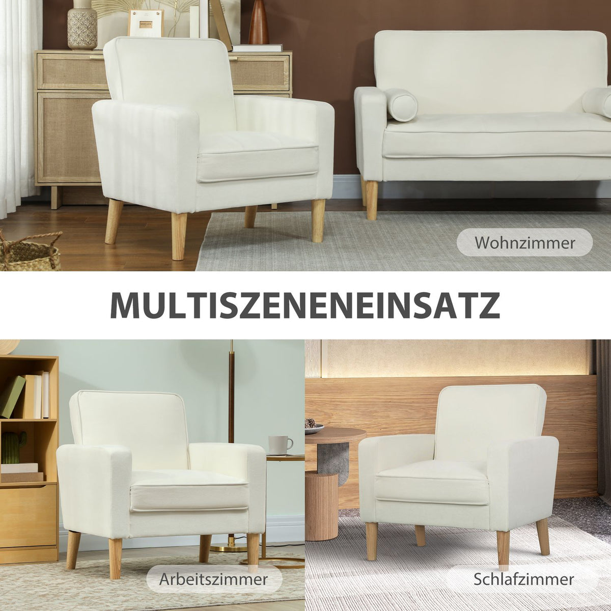 Cream White Armchair with Reclining Backrest, Rubberwood Legs