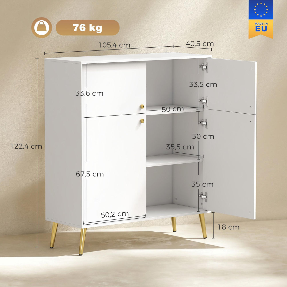 Cream White Sideboard with Gold Accents, 105.4 cm