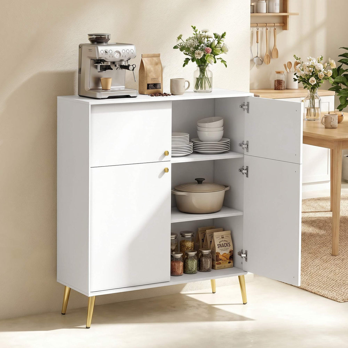 Cream White Sideboard with Gold Accents, 105.4 cm
