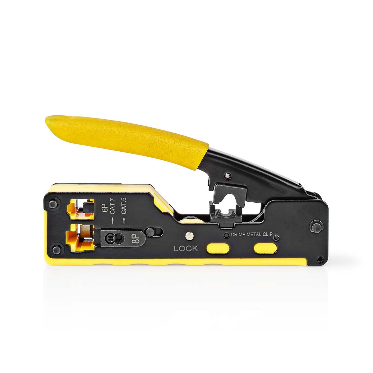Crimping pliers | CAT5 / CAT5e / CAT6 / CAT6a / CAT7 / RJ12 / RJ45 | Cutting / Stripping / Pliers | Rubber / Steel | Yellow / Black