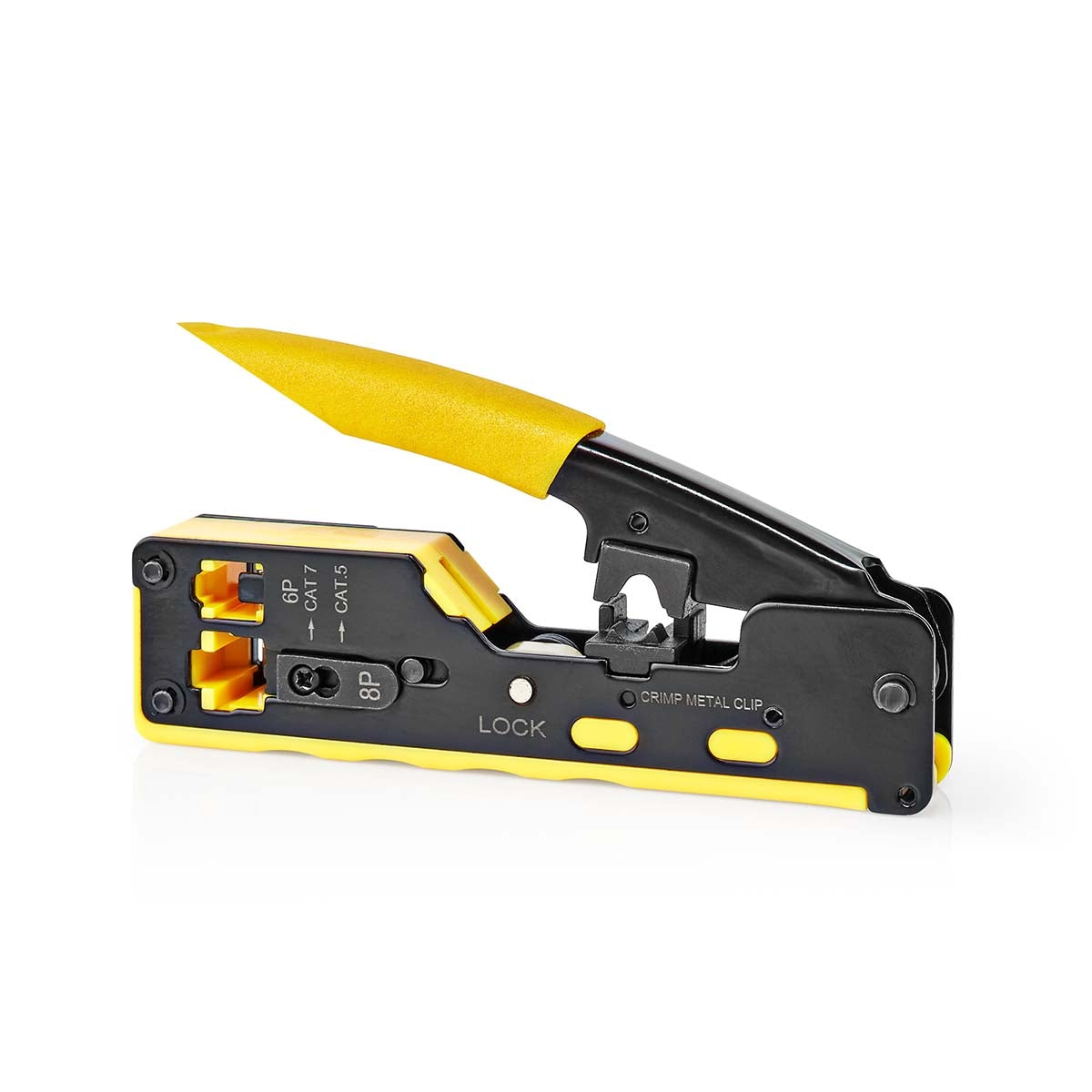Crimping pliers | CAT5 / CAT5e / CAT6 / CAT6a / CAT7 / RJ12 / RJ45 | Cutting / Stripping / Pliers | Rubber / Steel | Yellow / Black