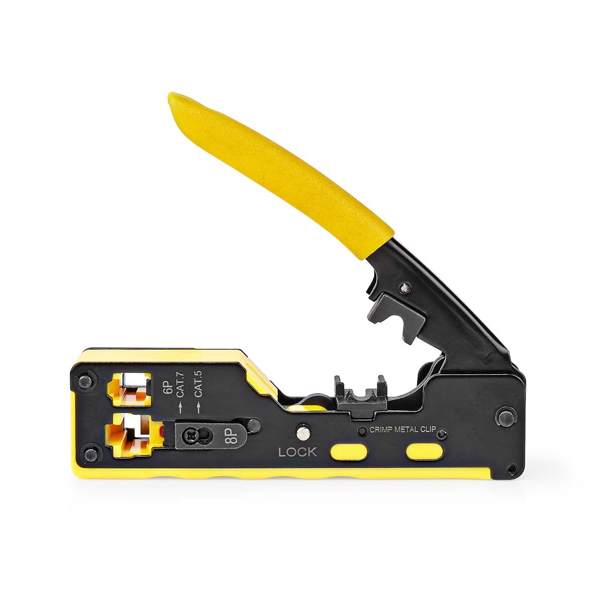 Crimping pliers | CAT5 / CAT5e / CAT6 / CAT6a / CAT7 / RJ12 / RJ45 | Cutting / Stripping / Pliers | Rubber / Steel | Yellow / Black