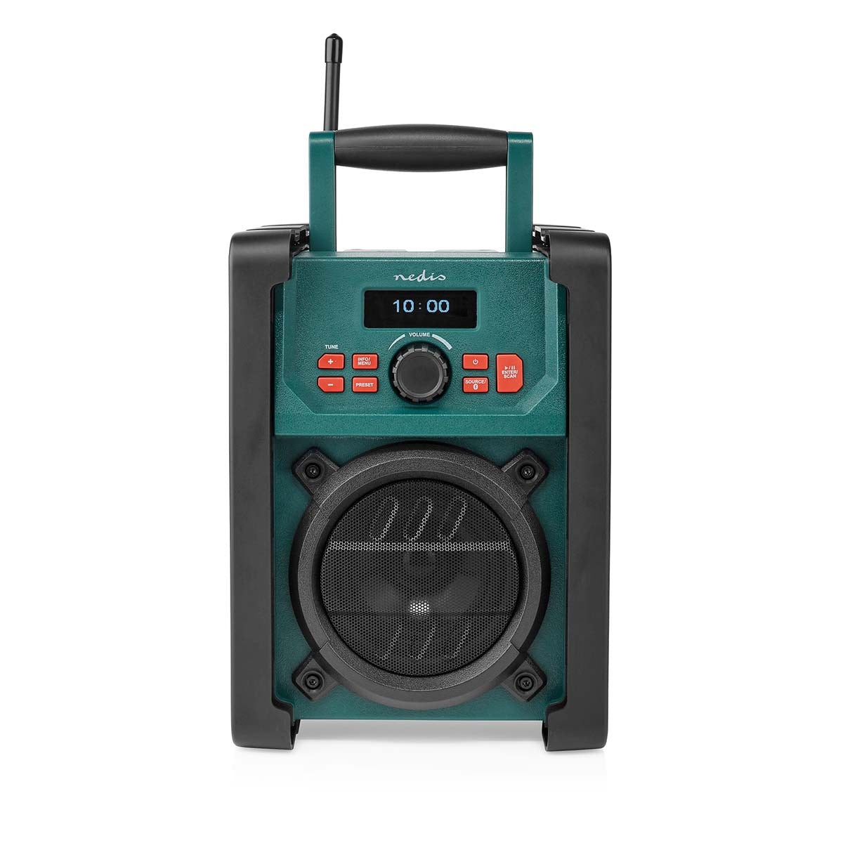 DAB+ Radio | Jobsite Radio | DAB+ / FM | 2.2 " | Black White Screen | Battery Powered / Mains Powered | Digital | 15 W | Bluetooth® | Alarm clock | Sleep timer | IP65 | Carrying handle | Black / Green
