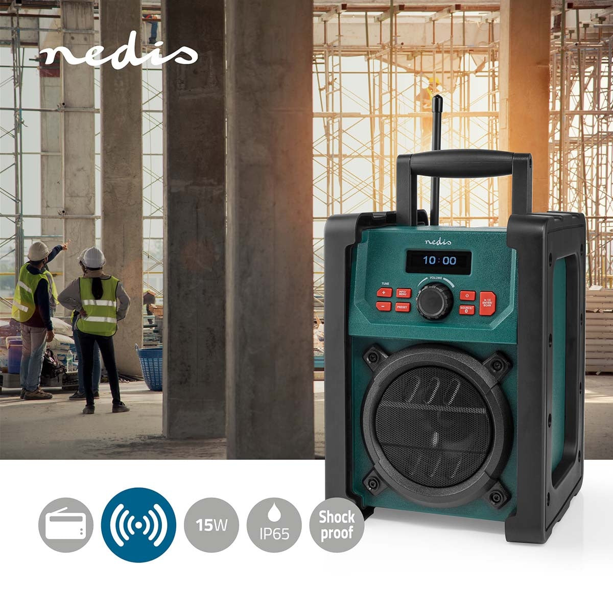 DAB+ Radio | Jobsite Radio | DAB+ / FM | 2.2 " | Black White Screen | Battery Powered / Mains Powered | Digital | 15 W | Bluetooth® | Alarm clock | Sleep timer | IP65 | Carrying handle | Black / Green