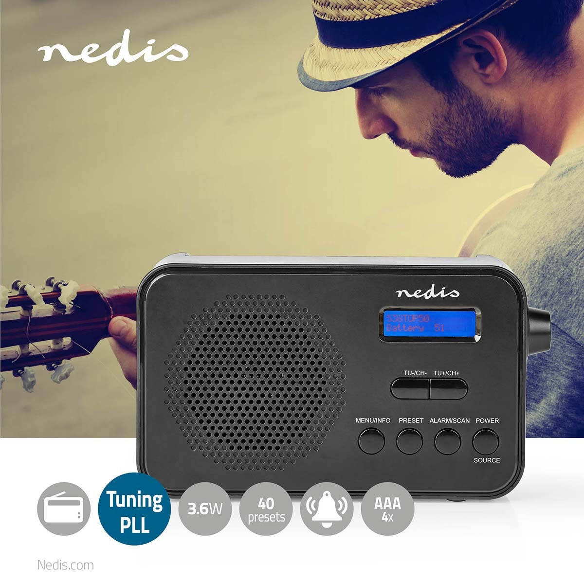 DAB+ Radio | Portable design | DAB+ / FM | 1.3 " | Black Blue Screen | Battery Powered / USB Power | Digital | 3.6 W | Bluetooth® | Headphone Jack | Alarm Clock | Sleep Timer | Black