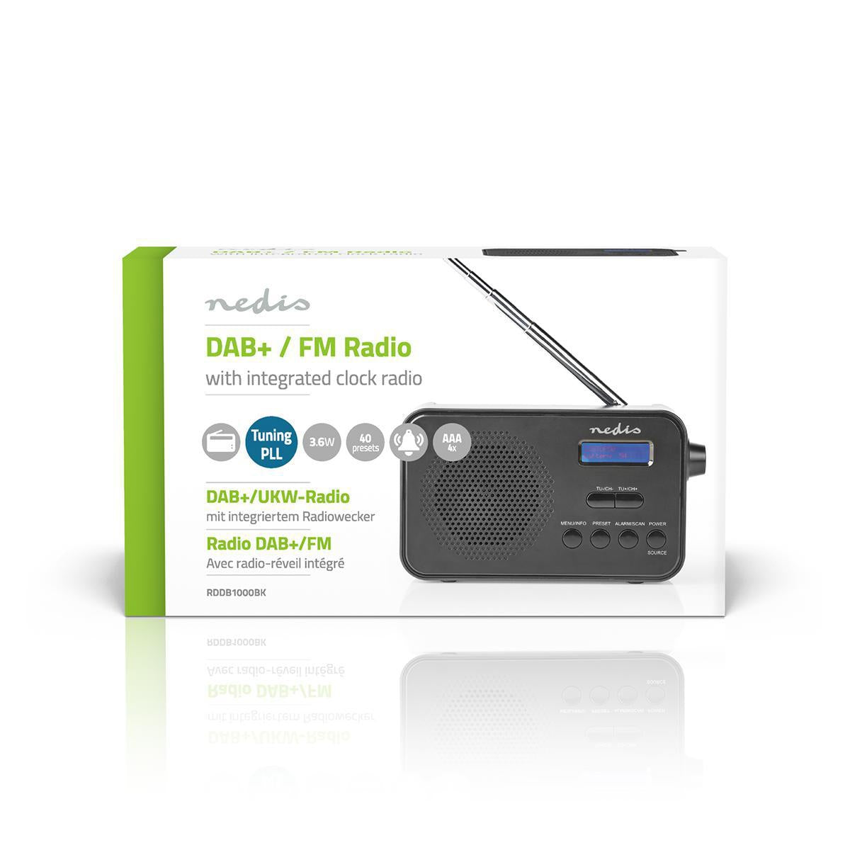 DAB+ Radio | Portable design | DAB+ / FM | 1.3 " | Black Blue Screen | Battery Powered / USB Power | Digital | 3.6 W | Bluetooth® | Headphone Jack | Alarm Clock | Sleep Timer | Black