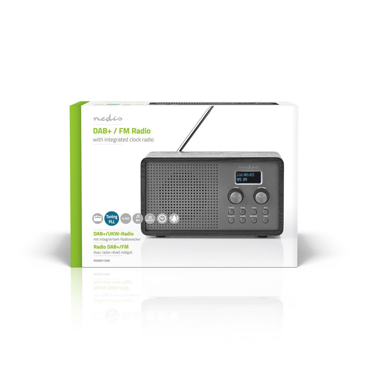DAB+ Radio | Table Design | DAB+ / FM | 1.3 " | Black White Screen | Battery Powered / USB Power | Digital | 4.5 W | Bluetooth® | Alarm Clock | Sleep Timer | Black